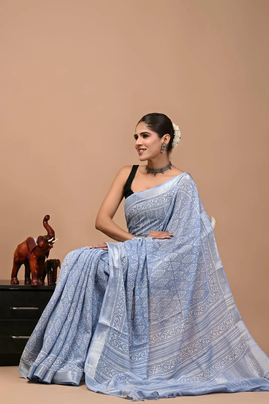 Sky Blue Bagru Hand Block Printend Soft Linen Fabric Saree